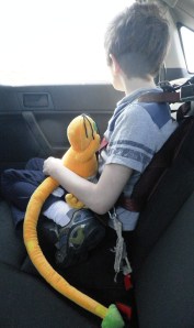 I'd brought Valiant Valerie along (a ScareMeNot) and Jonah held her close as he looked out the window...